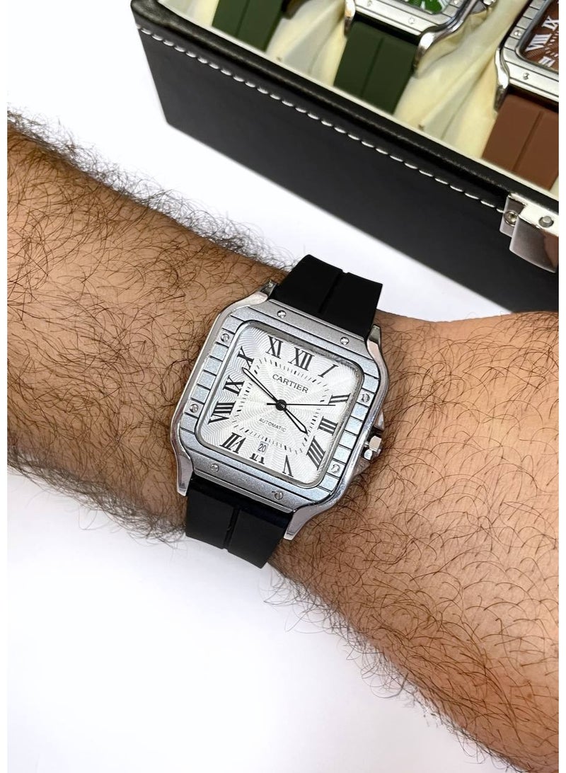 كارتييه ساعة كارتييه سانتوس مربعة من الستانلس ستيل بميناء أبيض وسوار مطاطي أسود - Image 2